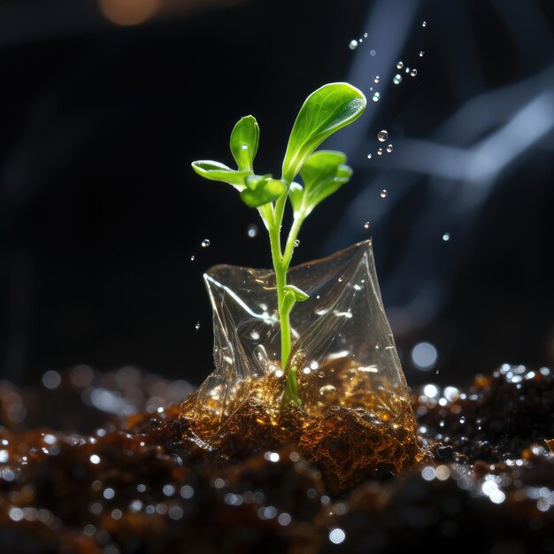 A young green sprout sprouted from a transparent bag Nature pollution Generative AI