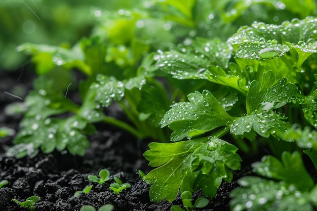 Young green sprouts with delicate drops of water on soil