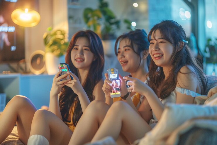 젊은 그룹의 아시아 소녀 친구는 TV 시리즈 쇼를 보는 리모컨을 들고 있습니다.