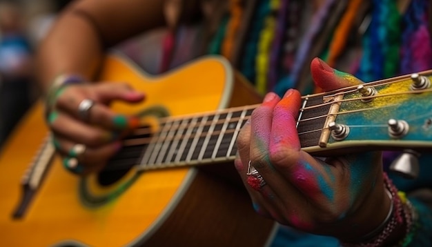 Young guitarist plucking strings on acoustic guitar generated by AI