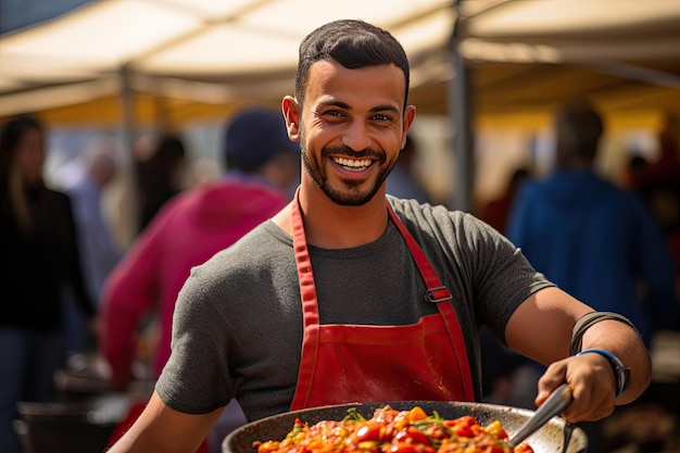 Young guy cooking at food market at the International Festival of the Sahara