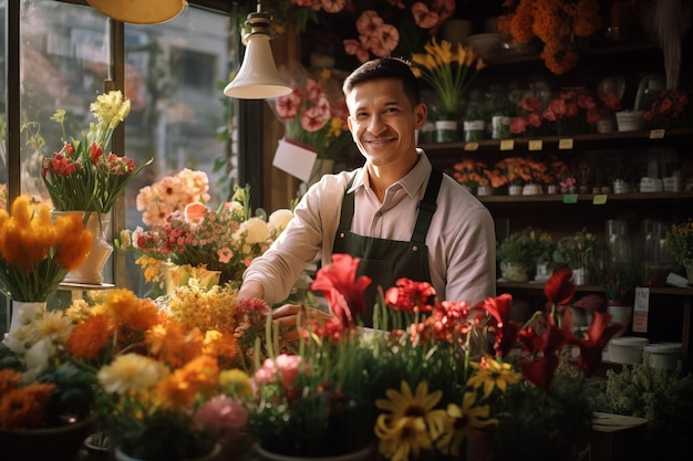 A young guy employed at a florist shop smiling at the camera in a nice dim light