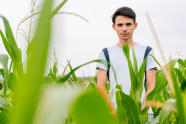 Молодой фермер стоит на кукурузном поле.