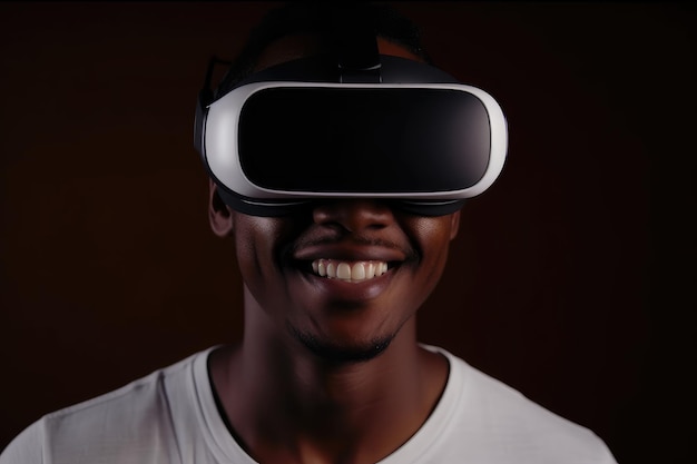 A young guy is wearing virtual reality glasses or VR head set and playing in virtual reality