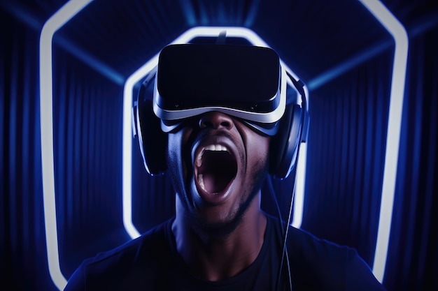 A young guy is wearing virtual reality glasses or VR head set and playing in virtual reality