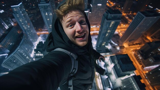 A young guy a man takes a photo of a selfie on the roof of a skyscraper against the backdrop of a snow big city on a winter night Extreme risky photography