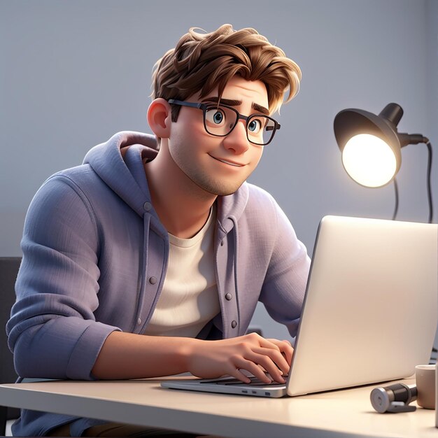Молодой парень сидит перед ноутбуком человек работает на компьютере фрилансер 3D рендеринг 3D иллюстрация изолирована на твердом белом фоне