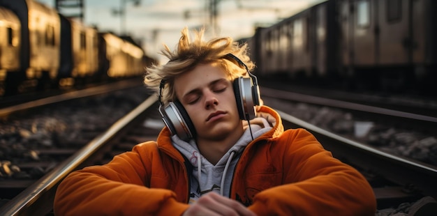 A young guy sitting and listening to music with headphones