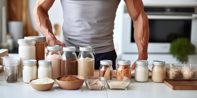 A young guy standing next to healthy protein foods in the kitchen closeup