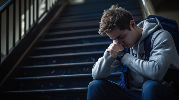 Young guy student sitting on the stairs depressed