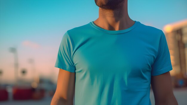 Photo young guy watching on side with a blank blue tshirt mockup cotton shirt mockup on male