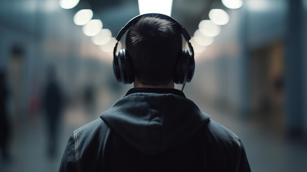 A young guy wearing big headphones rear view Generative AI