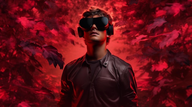 Photo young guy wearing vr glasses in the autumn forest