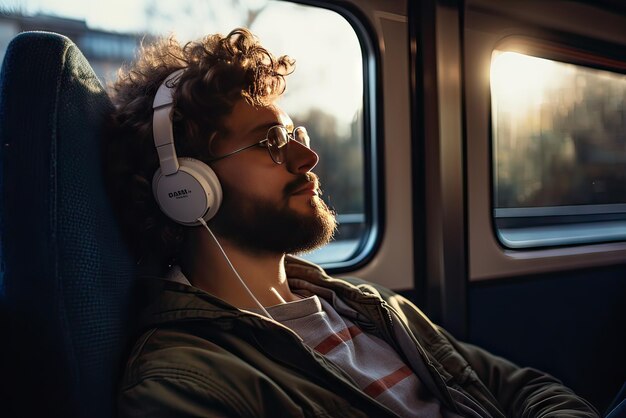 Young guy with beard and curly hair listening to music with headphones on the train