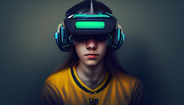 Young guy with a girl in a VR headset. 3d rendering. Raster illustration.