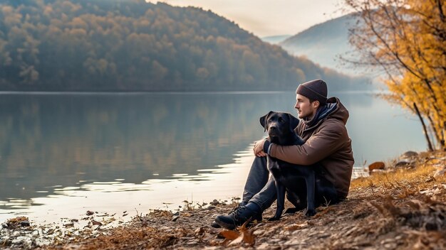 写真 秋の夜、山の湖の岸辺に黒いラブラドール犬を抱いた若い男が抱き合って座っている