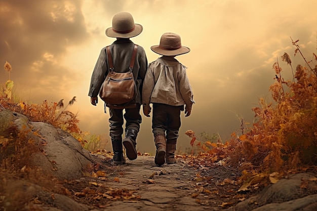 Young guys in hats walk up the trail