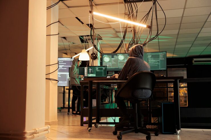 Photo young hacker cracking firewall encryption on multi monitors, writing script and programming malware. thief doing cyberattack on computer network, causing data breach at night time.