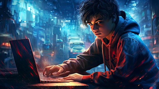 Молодой хакер взламывает сетевую систему с помощью портативного компьютера