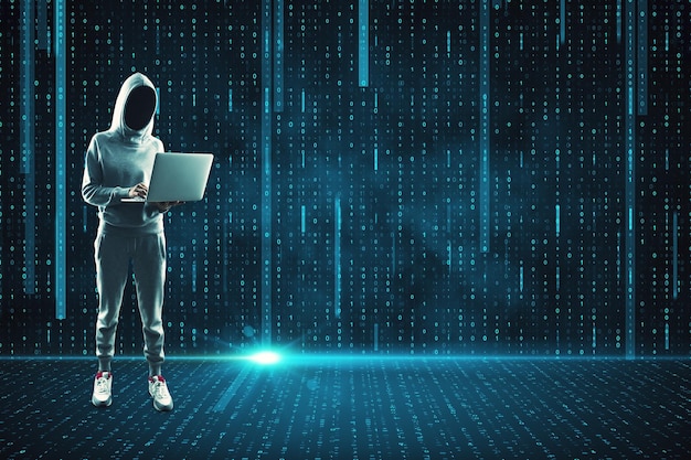 Young hacker with laptop standing on abstract glowing binary code background Hacking and malware concept