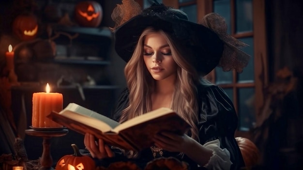 Young halloween witch girl reading a dark book of spells in the library making magic ai generated