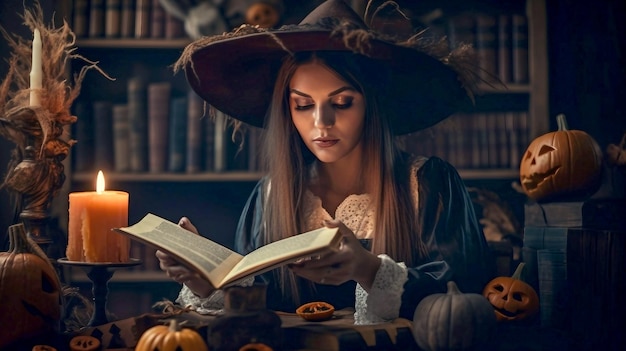 Young halloween witch girl reading a dark book of spells in the library making magic ai generated