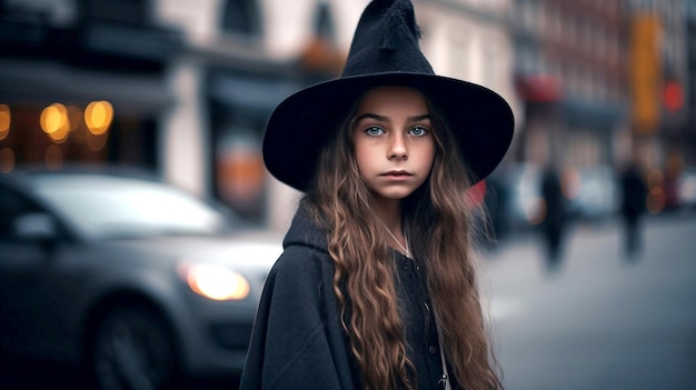 Young halloween witch girl in the street of a large city ai generated