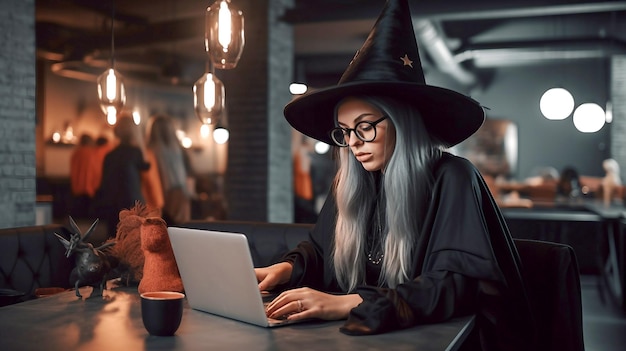 ラップトップ コンピューターで作業する若いハロウィーンの魔女魔女の仕事 AI が生成