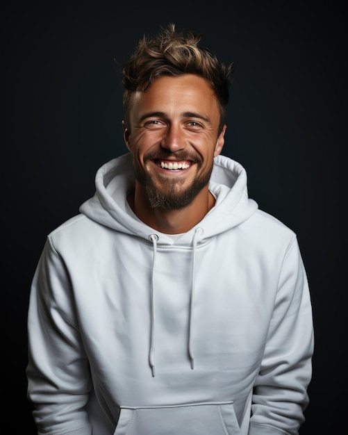 Young handome man smiling wearing white sweatshirt isolated on dark blue background Created with Generative Ai Technology