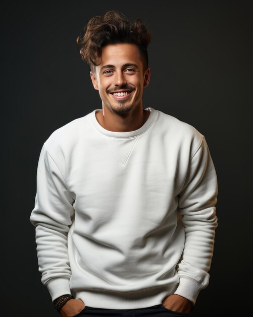 Young handome man smiling wearing white sweatshirt isolated on dark blue background Created with Generative Ai Technology