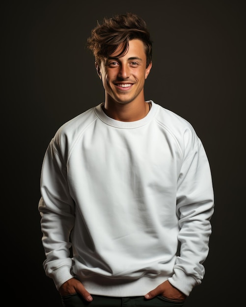 Young handome man smiling wearing white sweatshirt isolated on dark blue background Created with Generative Ai Technology