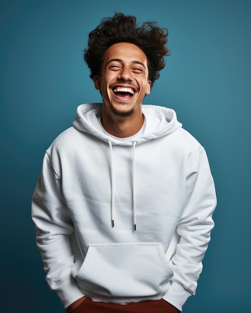 Young handome man smiling wearing white sweatshirt isolated on dark blue background Created with Generative Ai Technology