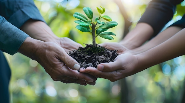 Photo young hands cultivate ecofriendly world with tree planting for environmental protection