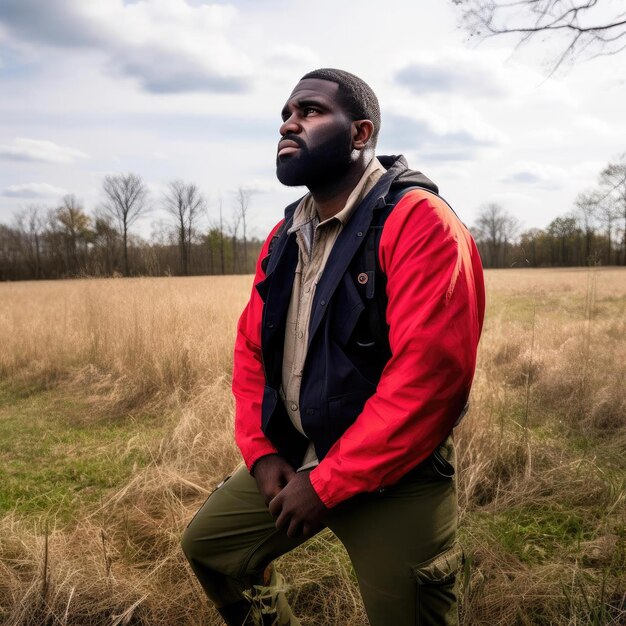 Young handsome African American man with beard wearing red jacket and green pants on autumn field
