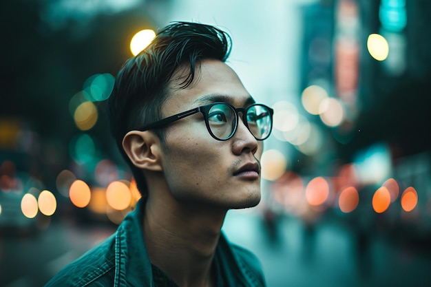 밤에 시내 거리에서 안경을 입은 젊은 잘생긴 아시아 스터 남자