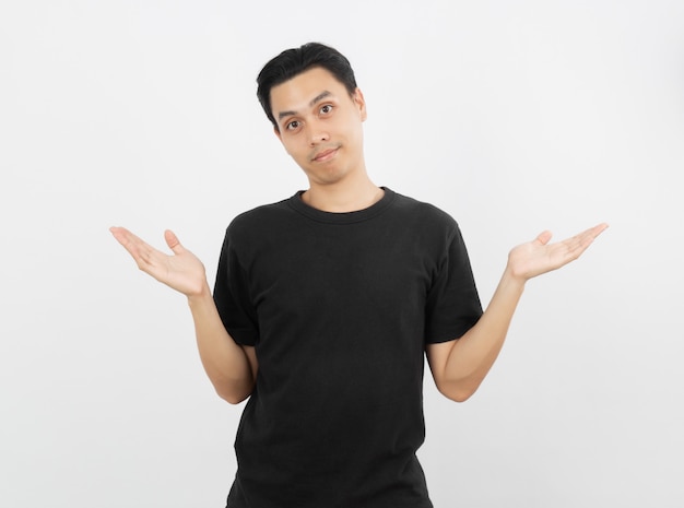 Photo young handsome asian man making doubts gesture isolated on white wall.