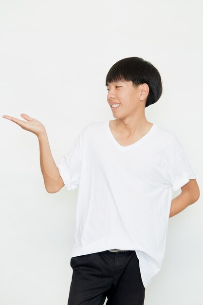 Young handsome Asian man in a white t-shirt