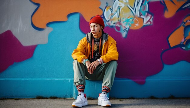 A young handsome athletic trendy alternative man is holding a skateboard