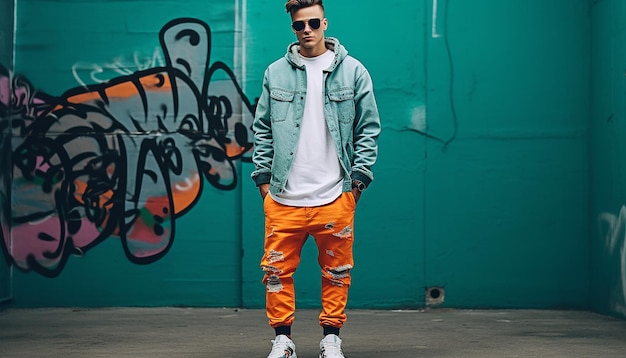 A young handsome athletic trendy alternative man is holding a skateboard