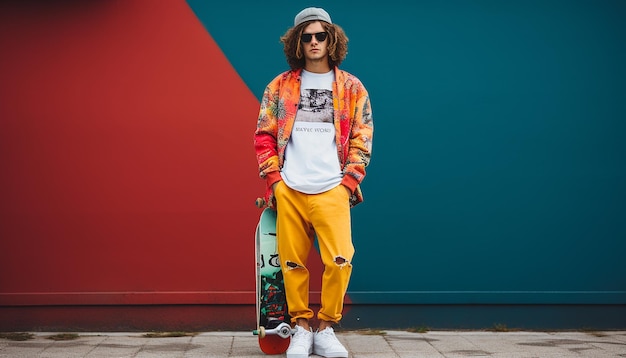 Photo a young handsome athletic trendy alternative man is holding a skateboard