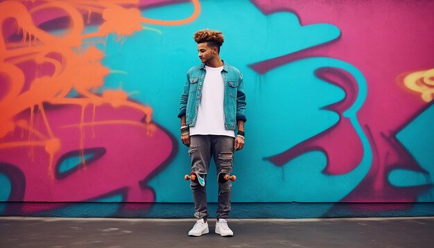 A young handsome athletic trendy alternative man is holding a skateboard