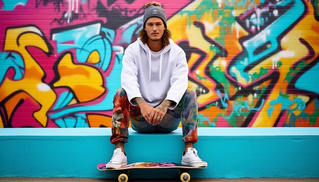 A young handsome athletic trendy alternative man is holding a skateboard