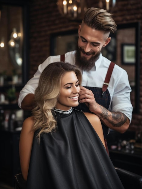 young handsome barber making haircut of attractive woman in barbershop