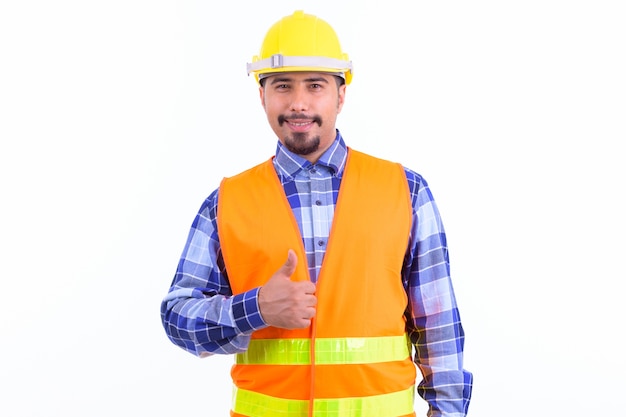 young handsome bearded Iranian man construction worker isolated on white