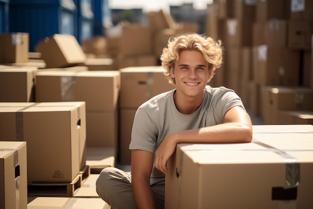 Young handsome blonde man at outdoors among boxes