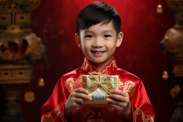 Young handsome boy wearing traditional clothes and holding aungpao bokeh style background