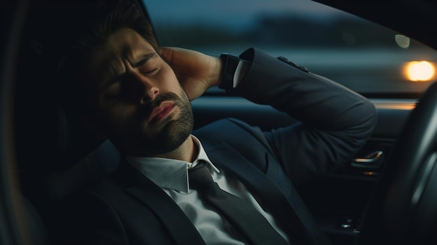 young handsome businessman sleeping in car