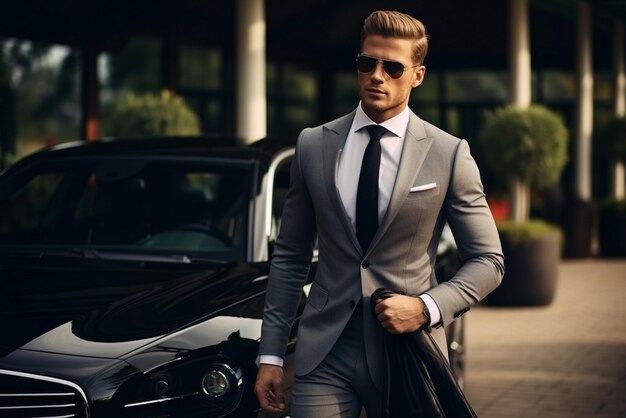 Молодой красивый бизнесмен в костюме выходит из роскошной машины.