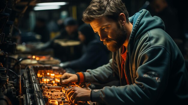 Foto giovane e bello specialista della riparazione auto in tuta che incrocia le braccia sul petto davanti alla telecamera in wo