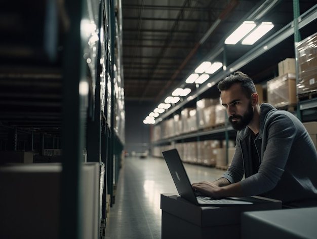 Foto giovane e bel magazziniere maschio caucasico che usa il computer portatile mentre lavora in magazzino questo è un magazzino di trasporto e distribuzione di merci ia generativa